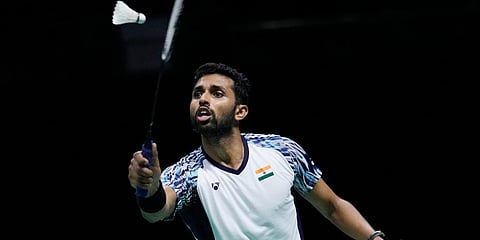 India's HS Prannoy returns a shot to Denmark's Rasmus Gemke during their men's singles semi-final match at Thomas & Uber Cup in Bangkok, Thailand. (Photo | AP)