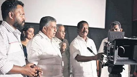Minister K Radhakrishnan performing the switch-on for the first film produced by KSFDC as part of the state government’s project for filmmakers from SC/ST communities, in Thiruvananthapuram on Friday 