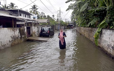 Sherin CA, a resident of VK Thankappan Road, Kalamassery wades through the water logging in her area.