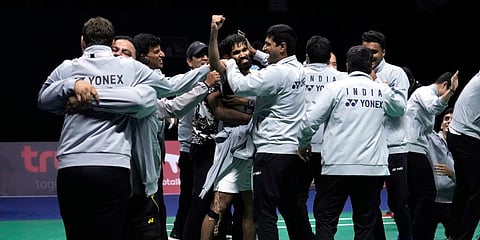 India's Kidambi Srikanth (C) and his teammate celebrate after winning against Indonesia's Jonatan Christie during their men's singles final at Thomas & Uber Cup in Bangkok, Thailand. (Photo | AP)