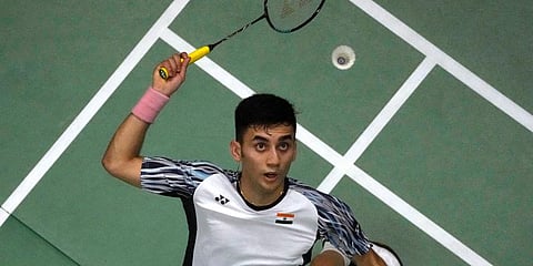 India's Lakshya Sen returns a shot to Indonesia's Anthony Ginting during their men's singles final badminton match at Thomas & Uber Cup in Bangkok, Thailand. (Photo | AP)