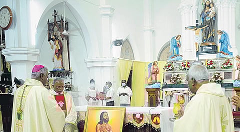Thiruvananthapuram Latin Archbishop Thomas J Netto leads special prayers at Palayam St Joseph’s Cathedral in Thiruvananthapuram where he unveiled a picture of Devasahayam Pillai, the first Indian laym