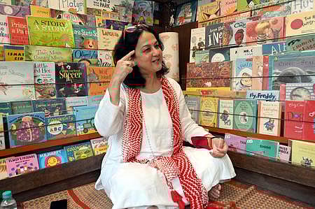 Nilekani interacting with children at the reading of her book 'The Great Rifasa' in Bengaluru on Sunday.Epress photo | Nagaraja Gadekal'