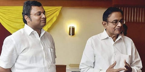 Senior Congress leader P Chidambaram (L) and his son and Congress MP Karthi Chidambaram (Photo | PTI)