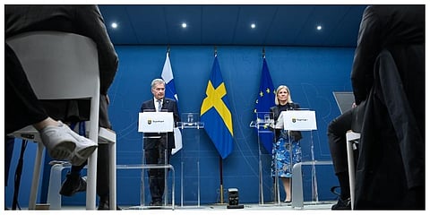 President of Finland Sauli Niinisto, left, and Swedish Prime Minister Magdalena Andersson attend a joint news conference in Stockholm, Tuesday May 17, 2022. (Photo | AP)