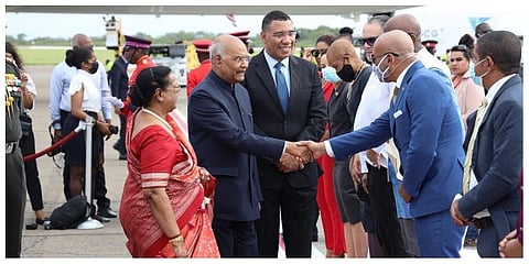 President Ram Nath Kovind in Jamaica. (Photo | Twitter/ @AndrewHolnessJM)