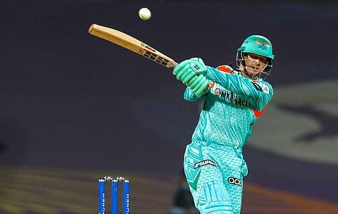 Quinton De Kock of Lucknow Super Giants plays a shot during the 66th T20 cricket match of the Indian Premier League 2022. (Photo | PTI)