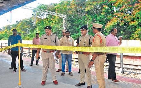 Police inspect the scene of offence at Repalle railway station, where a woman was allegedly gang-raped by two persons, on Sunday. (Photo I EPS)