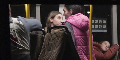 In this photo taken from video, civil evacuees sit in a bus in an area controlled by Russian-backed separatist forces in Bezimenne.(Photo | AP)