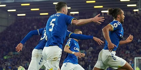 Everton's Dominic Calvert-Lewin celebrates after scoring against Christal Palace during the EPL match against Crystal Palace at Goodison Park in Liverpool, England. (Photo | AP)