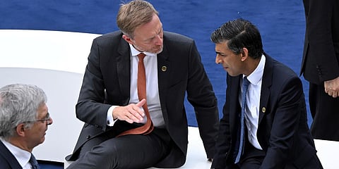German Finance Minister Christian Lindner gestures as he speaks with British counterpart Rishi Sunak (R) during a G7 Finance Ministers Meeting at the Petersberg, near Bonn. (Photo| AP)