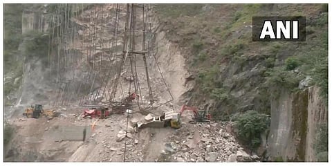 Rescue operation underway at Khooni Nala, Jammu–Srinagar National Highway in the Makerkote area of Ramban, where a part of an under-construction tunnel collapsed late last night. (Photo | ANI)