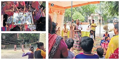 (1) Community Photo Mapping Circle at the ‘Aao Jagah Banaye’ showcase on April 22; (2 & 3) The Raghubir Nagar residents showcasing their community zines