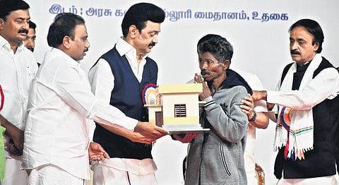 CM MK Stalin handing over welfare assistance to a beneficiary during a function at government arts college in Ooty on Saturday | S Senbagapandiyan