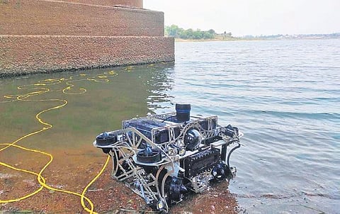 (Inset) Founders Debendra Pradhan and Biswajit Swain Autonomous underwater vehicle developed by them | Express