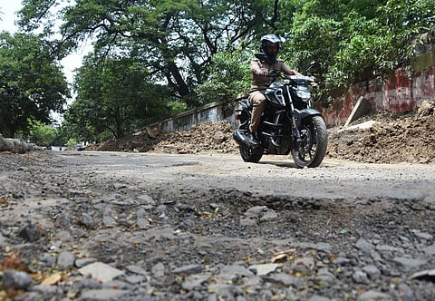 The damaged Jothi Venkatachalam Road in Egmore. (Photo | Ashwin Prasath, EPS)