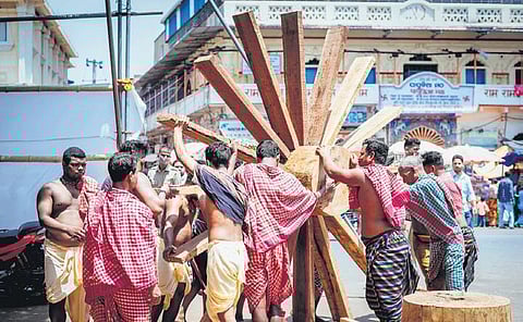 Carpenters engaged in chariot construction ahead of Rath Yatra | Express