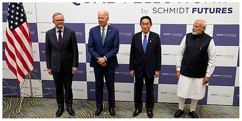 US President Joe Biden, left, and Japanese Prime Minister Fumio Kishida attend the Japan-U.S.-Australia-India Fellowship Founding Celebration event in Tokyo Tuesday, May 24, 2022. (Photo | AP)