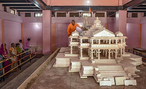 A replica of the proposed Ram Mandir on display at Karsewakpuram in Ayodhya (File photo | PTI)