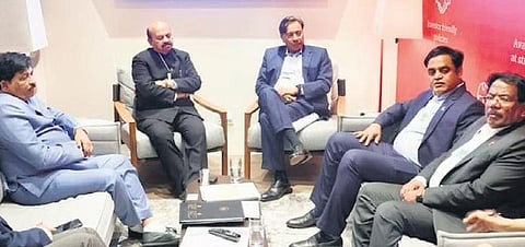 Chief Minister Basavaraj Bommai holds talks with Lakshmi M Mittal, Executive Chairman of ArcelorMittal, at the World Economic Forum Meet in Davos, Switzerland
