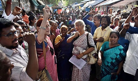 Medha Patkar raises slogans during a protest organised by the National Alliance of People’s Movement, on Monday, in Chennai. (Photo | P Jawahar, EPS)
