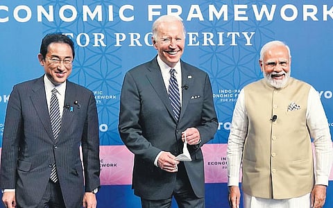 (From R) Prime Minister Narendra Modi, US President Joe Biden and Japanese Prime Minister Fumio Kishida at the IPEF’s launch event in Tokyo on Monday | AP