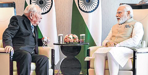 PM Narendra Modi interacts with Suzuki Motor Corporation chairman Osamu Suzuki in Tokyo on Monday | pti