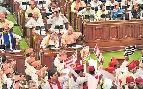 SP MLAs protest during the governor’s address in UP Assembly on Monday | PTI