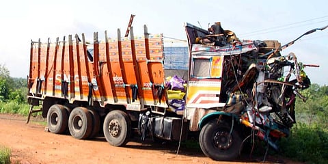 Mangled remains of the truck which collided near Hubballi. (Photo| D Hemanth, EPS)