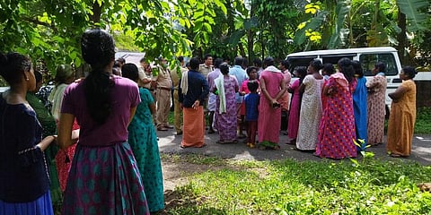 Families of Raghavan Anjillath and Narayani complain to Nileshwar police after unidentified persons entered their disputed property and tried to fell trees and cut bushes at Meerkanam. (Photo| EPS)