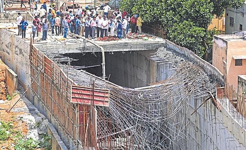 A massive gap after the stormwater drain collapsed in Kalidasa Layout, in Bengaluru on Tuesday | Shriram BN