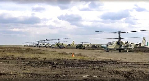 Ka-52 helicopter gunships of the Russian air force prepare to take off for a mission in Ukraine at an undisclosed location. (Photo | AP)
