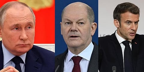 Vladimir Putin ,Olaf Scholz,Emmanuel Macron.(Photo | AP)