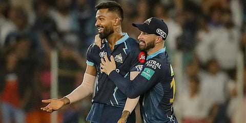 Hardik Pandya of Gujarat Titans celebrates the wicket of Shimron Hetmyer of Rajasthan Royals during the IPL final at the Narendra Modi Stadium, Ahmedabad. (Photo | PTI)