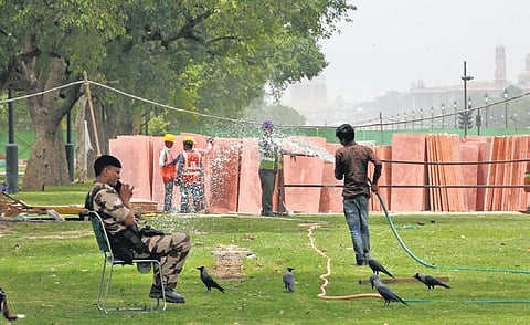 A worker sprays water at Rajpath lawns on a hot sunny day | SHEKHAR YADAV
