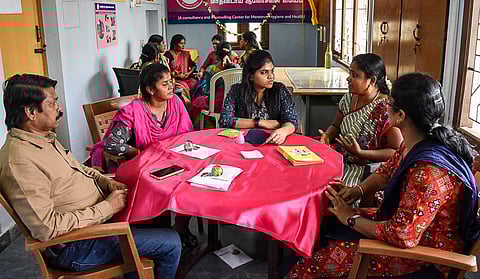 S Damodaran, founder & CEO of Gramalaya, and other members at the newly inaugurated Menstrual Café in Tiruchy on Saturday | MK Ashok Kumar