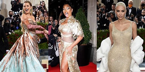 The theme of the 2022 Met Gala was 'gilded glamour'. (L-R) Blake Lively, Megan Thee Stallion, and Kim Kardashian. (Photos | AP)