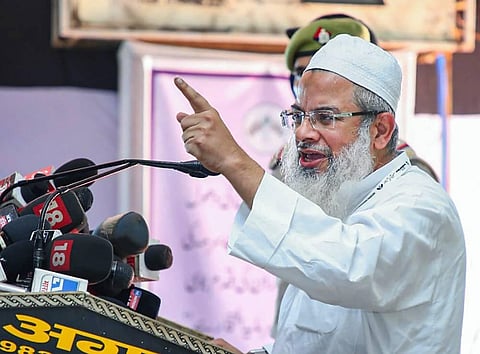 Jamiat Ulama-i-Hind President Maulana Mahmood Madani addresses during a congregation in Deoband, Uttar Pradesh, Saturday, May 28, 2022. (Photo | PTI) 