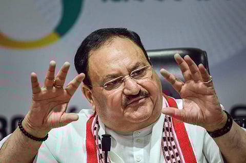 BJP National President J.P. Nadda addresses a press conference, at BJP headquarters in New Delhi, Monday. (Photo | PTI)