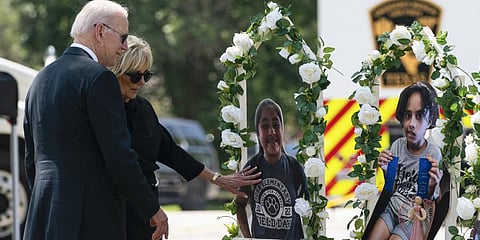 President Joe Biden and first lady Jill Biden visit a memorial at Robb Elementary School to pay their respects to the victims of the mass shooting, Sunday, May 29.(Photo | AP)