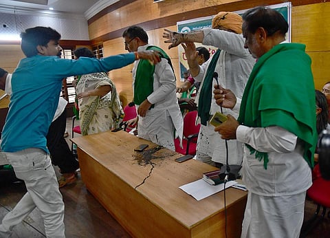 Man throws ink on Tikait. (Photo | Shriram BN, EPS)