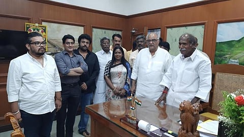 Boney Kapoor and Chief Minister N Rangasamy  at his chamber in Puducherry . ( Photo | EPS)