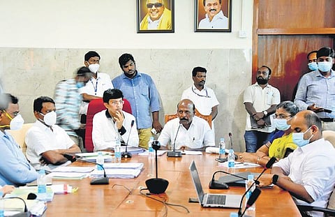 Health Minister Ma Subramanian, along with Health Secretary J Radhakrishnan, holds a meeting with medical college deans in Chennai on Wednesday | P Jawahar