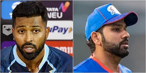 Gujarat Titans skipper Hardik Pandya (L) and Mumbai Indians counterpart Rohit Sharma (Photo| Speical Arrangement)