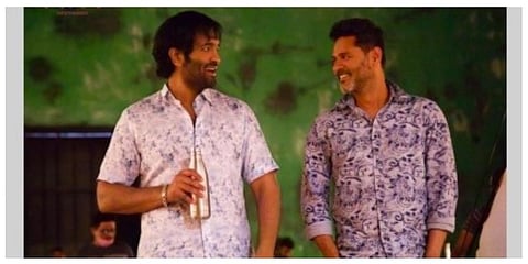 Choreographer-turned-actor and director Prabhu Deva with Telugu star Vishnu Manchu. (Photo | IANS)