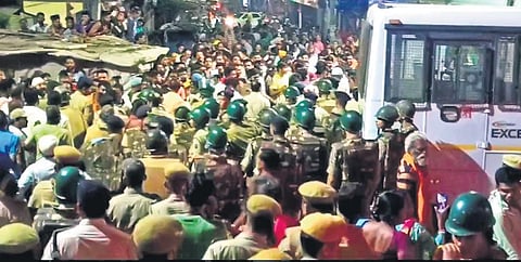 Police force deployed near the railway station at Brajrajnagar. (Photo | EPS)