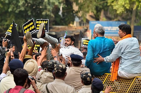 BJP leaders demonstrate against arrest of party spokesperson Tajinder Pal Singh Bagga, outside AAP office in New Delhi, Friday, May 6, 2022.  (Photo | PTI)