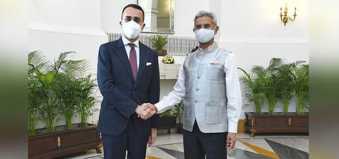 External Affairs Minister Dr S Jaishankar welcomes Foreign Minister of Italy, H E Luigi De Maio in New Delhi on May 6, 2022. (Photo | Ministry of External Affairs)