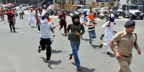 A clash broke out between two groups on April 29 over an 'anti-Khalistan' march outside the Kali Mata temple in Patiala. (Photo | PTI)