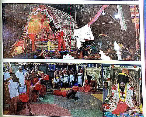 After becoming the 27th head of Dharmapuram mutt in 2019, Shri Masilamani Desiga  Gnanasambandha Swamigal was reportedly carried on a palanquin at Dharmapuram.